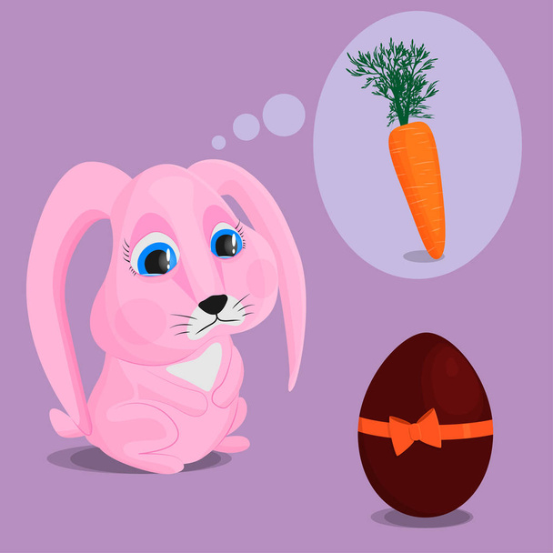 Un lapin rose triste regarde un œuf en chocolat et rêve de carottes. Le concept d'incohérence de la réalité et des désirs. Image vectorielle d'un lapin triste
. - Vecteur, image
