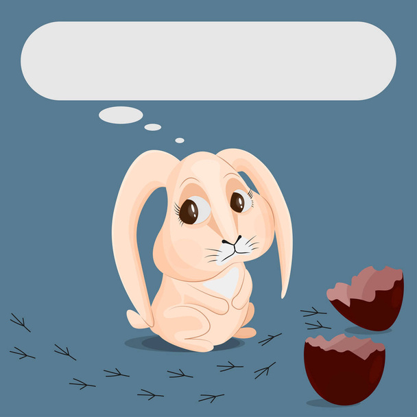 The beige rabbit is looking sadly at a broken chocolate egg and traces of a bird. Egg shell halves. Concept of losing a friend. Place for text. - Vector, Image