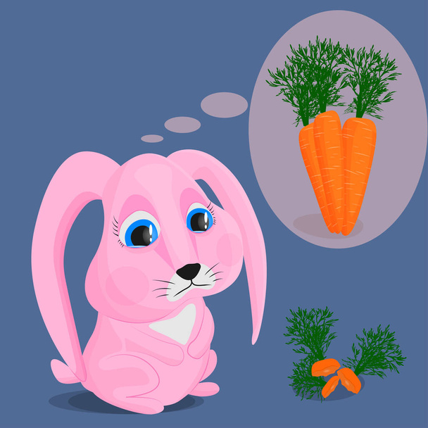 Le lapin rose mangeait toutes les carottes et rêvait d'en ajouter plus. Image vectorielle d'un lapin mignon triste, carotte mûre et ses restes. Le concept de faim et de manque de nourriture
. - Vecteur, image