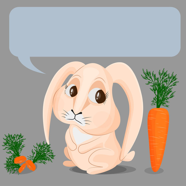 El conejo beige ya ha comido tres zanahorias, pero todavía quiere comer otra. El concepto de gula, exceso de comida, gula. Imagen vectorial de un lindo conejito y zanahorias maduras sobre un fondo gris. Lugar para el texto
. - Vector, imagen