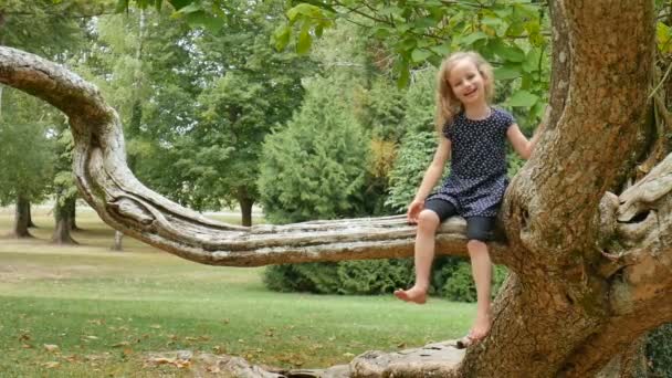 Se smíchem blond dívka sedící na větvi stromu v parku během letního dne - Záběry, video
