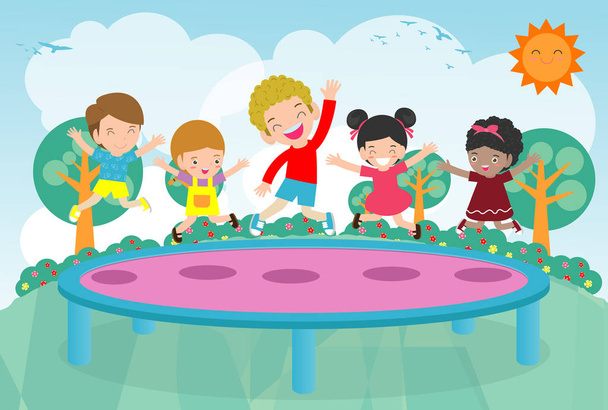 Kids jumping on trampoline. child Practicing Different Sports And Physical Activities In Physical Education Class Vector flat cartoon illustration - Vector, Image