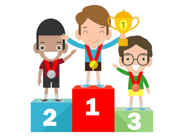 Zafer madalyası olan çocuklar spor kaidesi üzerinde duruyor, madalyalı çocuklar yarışmayı kazanan podyumda duruyor - Vektör, Görsel