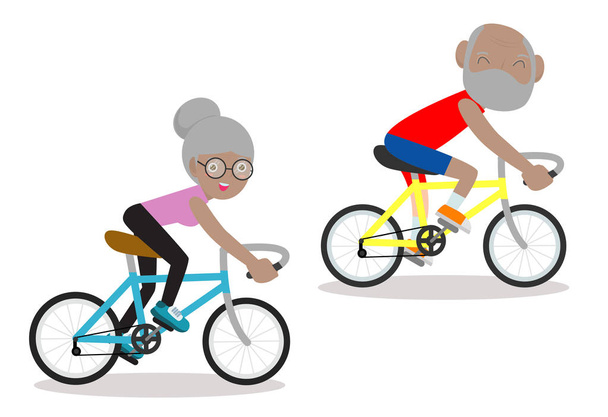 Wektorowa ilustracja seniorów jeżdżących na rowerze, szczęśliwych emerytów. Zdrowy styl życia. - Wektor, obraz