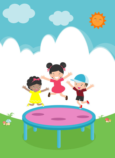 Kinder springen auf dem Trampolin. Kind praktiziert verschiedene Sportarten und körperliche Aktivitäten im Sportunterricht Vektor flache Cartoon-Illustration - Vektor, Bild