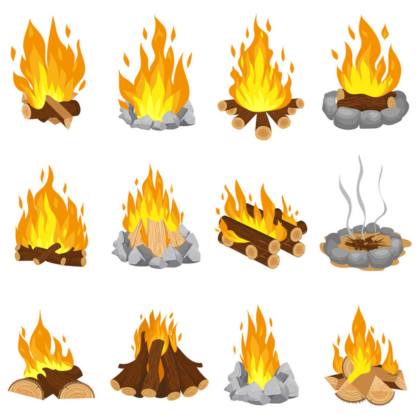 木製のキャンプファイヤー。火木の丸太を燃焼し、石造りの暖炉漫画ベクトル イラスト セットのキャンプ、屋外たき火 - ベクター画像
