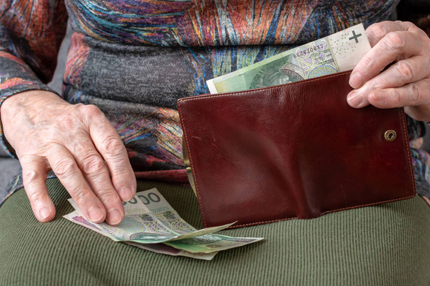 Hands of an elderly pensioner holding leather wallet with polish currency money. Concept of financial security in old age. - Фото, зображення