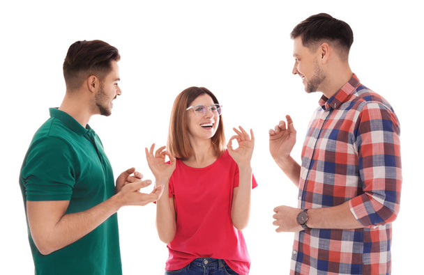 Hearing impaired friends using sign language for communication isolated on white - Valokuva, kuva