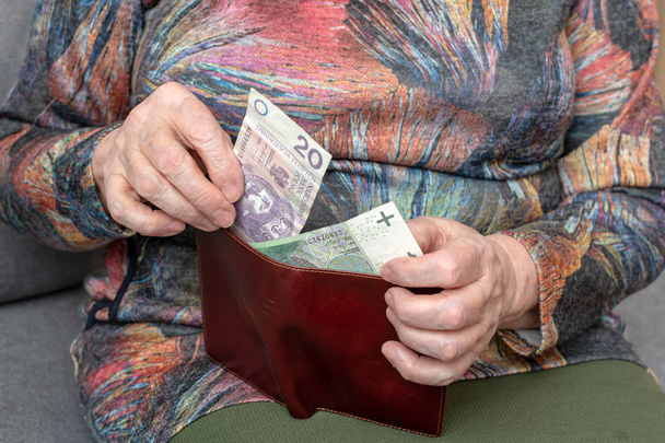 Hands of an elderly pensioner holding leather wallet with polish currency money. Concept of financial security in old age. - Fotó, kép