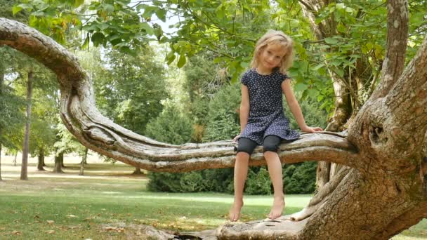 Söpö blondi tyttö istuu paljain jaloin puiden oksalla puistossa kesäpäivänä
 - Materiaali, video