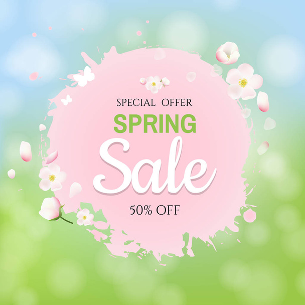 Pink Stain With Flowers Sale Banner Bokeh Background With Gradient Mesh, Vector Illustration - Vettoriali, immagini