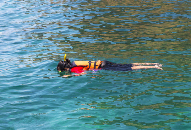 Tourist snorkeling with life jacket enjoy the coral in andaman sea at phi phi islands, Thailand - Photo, Image