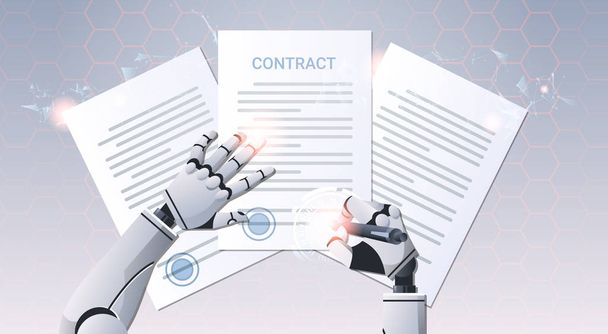 robot hand holding pen signature document signing up contract humanoid sign agreement top angle view artificial intelligence digital futuristic technology concept horizontal - Vettoriali, immagini