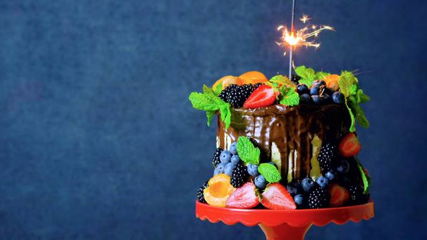 Suklaa tippua kakku koristeltu tuoreita hedelmiä ja marjoja kopioi tilaa
. - Valokuva, kuva