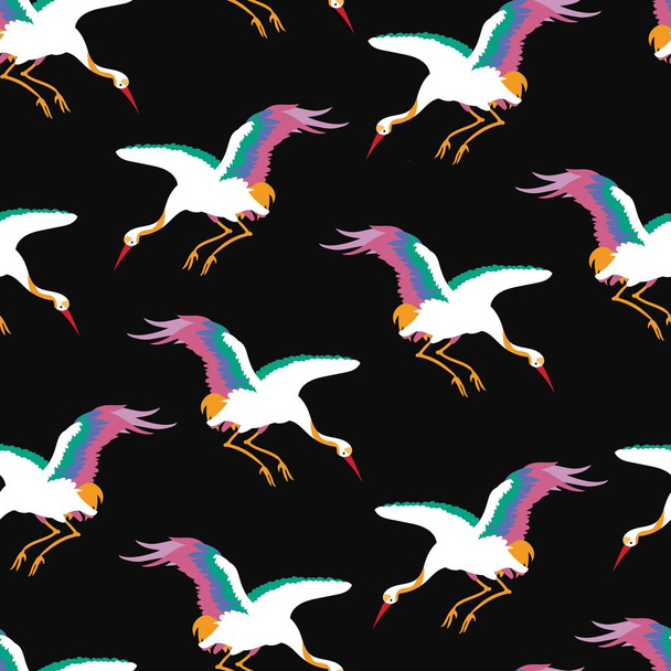 Vliegende Japanse kranen geïllustreerd, naadloze patroon door www.danmaridesigns.com. 80 's geïnspireerde pop-art voor stoffen, geschenkverpakking, briefpapier en interieur. - Vector, afbeelding
