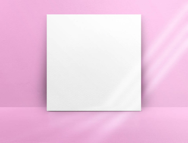 Blank white paper poster leaning at pink color concrete wall and floor with window sunlight in perspective room,Business mock up presentation.Template display of design or content - Fotografie, Obrázek