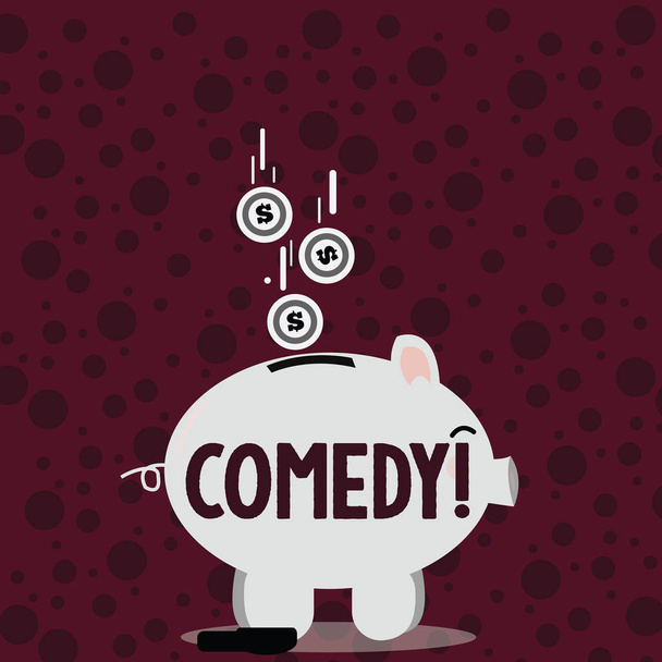 Escrevendo uma nota mostrando Comédia. Foto de negócios apresentando Fun Humor Satire Sitcom Hilarity Joking Entertainment Laughing Piggy Bank Sideview e Dollar Coins Falling Down to Slit
. - Foto, Imagem
