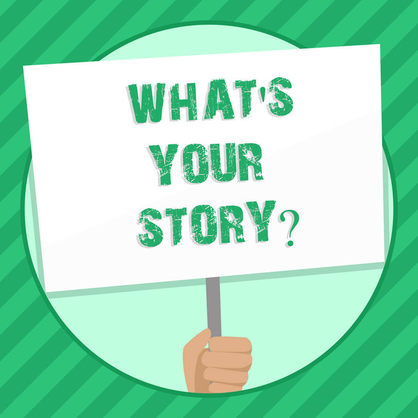 Ne S Your Storyquestion yazma el yazısı metin. Sana söyleyeyim demonstratingal son anlam kavramı hikaye anlatımı el Holding boş beyaz afişini tarafından desteklenen kolu için sosyal farkındalık deneyimleri. - Fotoğraf, Görsel