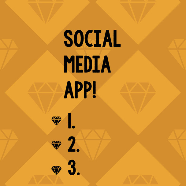 Conceptual hand writing showing Social Media App. Business photo showcasing creation and sharing ideas career interests via internet Geometrical Color Shape Tilted Square in Seamless Pattern. - Photo, Image