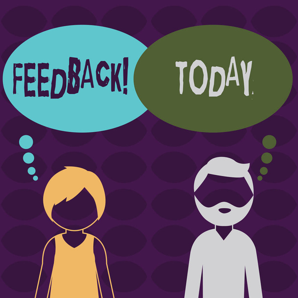 Handwriting text Feedback. Concept meaning Customer Review Opinion Reaction Evaluation Give a response back Bearded Man and Woman Faceless Profile with Blank Colorful Thought Bubble. - Photo, Image