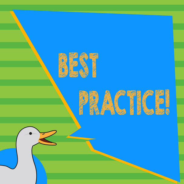 Writing note showing Best Practice. Business photo showcasing commercial procedures that are accepted prescribed being correct photo of Duck Speaking with Uneven Shape Blank Blue Speech Balloon. - Photo, Image