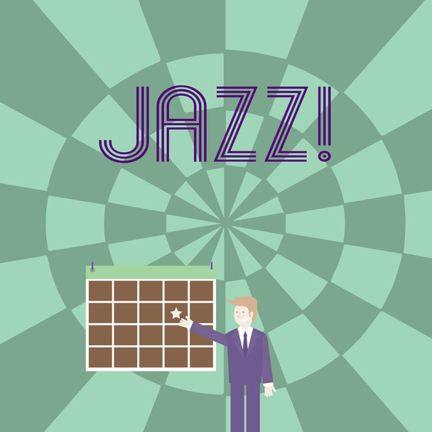 Word pisanie tekstu Jazz. Koncepcja biznesowa dla rodzaju muzyki czarny amerykański pochodzenia gatunek muzyczny biznesmen uśmiechający się silny rytm i wskazanie kolorowy kalendarz z Star powiesić na ścianie. - Zdjęcie, obraz