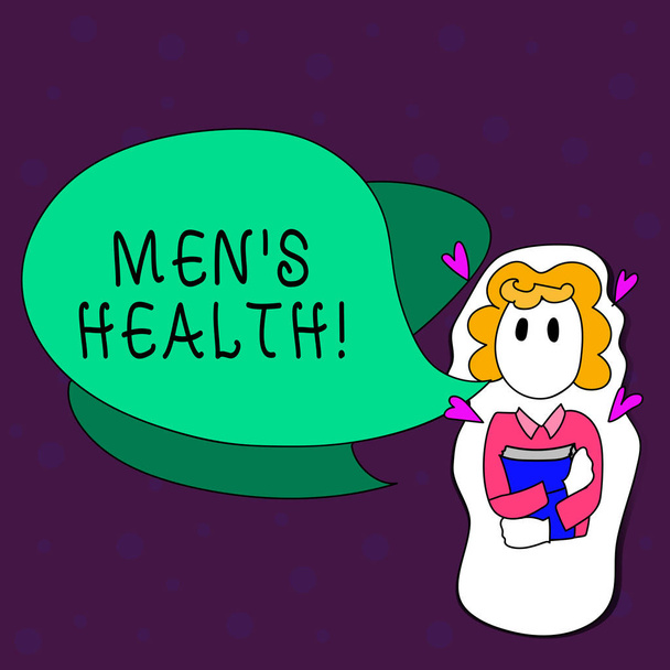 Text sign showing Men S Health. Conceptual photo state of complete physical mental and social well being by analysis Girl Holding Book with Small Hearts Around her and Two Color Speech Bubble. - Photo, Image
