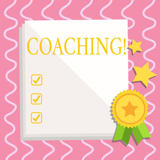 Text sign showing Coaching. Conceptual photo Prepare Enlightened Cultivate Sharpening Encourage Strenghten White Blank Sheet of Parchment Paper Stationery with Ribbon Seal Stamp Label. - Photo, Image