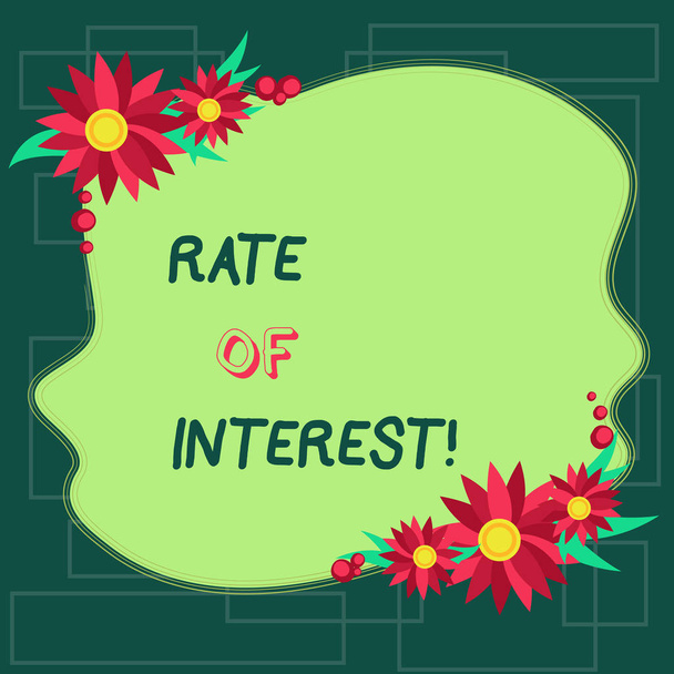 Tekst teken weergegeven: Rate Of Interest. Conceptuele foto bedrag in rekening gebracht, uitgedrukt als een percentage van de hoofdsom, lege ongelijke kleur vorm met bloemen rand voor kaarten uitnodiging advertenties. - Foto, afbeelding