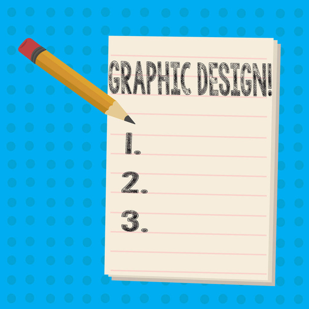 Text sign showing Graphic Design. Conceptual photo Art of combining Text Images in advertising Pencil with Eraser and Blank White Pad on Two Toned Polka Dot Background. - Photo, Image