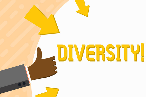 Word writing text Diversity. Business concept for Being Composed of different elements Diverse Variety Multiethnic Hand Gesturing Thumbs Up and Holding on Blank Space Round Shape with Arrows. - Photo, Image
