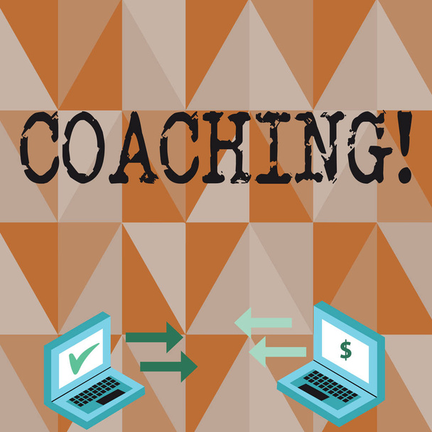 Conceptual hand writing showing Coaching. Business photo text Prepare Enlightened Cultivate Sharpening Encourage Strenghten Arrow Icons Between Two Laptop Currency Sign and Check Icons. - Photo, Image