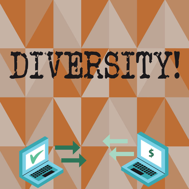 Conceptual hand writing showing Diversity. Business photo text Being Composed of different elements Diverse Variety Multiethnic Arrow Icons Between Two Laptop Currency Sign and Check Icons. - Photo, Image