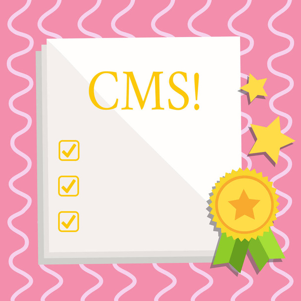 Textzeichen mit Cms. konzeptionelles Foto-Content-Management-System unterstützt Modifikation digitaler Inhalte weißes leeres Blatt Pergamentpapier Briefpapier mit Stempelband-Etikett. - Foto, Bild