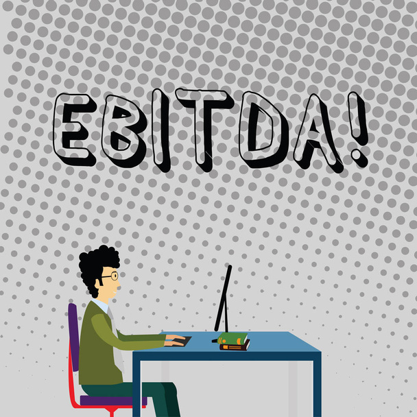 Χειρόγραφου κειμένου Ebitda. Έννοια που σημαίνει κέρδη πριν ενδιαφέρον φόρους απόσβεσης αποσβέσεις συντομογραφία επιχειρηματίας συνεδρίαση ευθεία καρέκλα εργασίας στον υπολογιστή και βιβλία στο τραπέζι. - Φωτογραφία, εικόνα