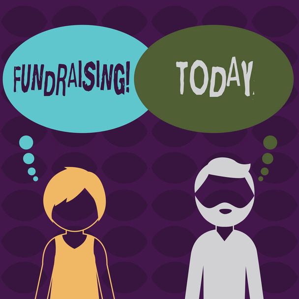 Handwriting text Fundraising. Concept meaning Seeking of financial support for charity cause or enterprise Bearded Man and Woman Faceless Profile with Blank Colorful Thought Bubble. - Photo, Image
