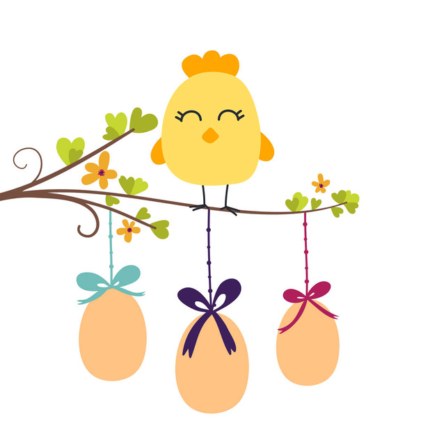 Bird on the branch. Spring time, Easter eggs. Illustrations for  cards, posters, cards, t-shirts, book, textile. - Vector, Image