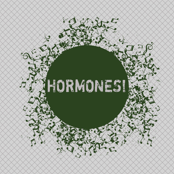 Writing note showing Hormones. Business photo showcasing Regulatory substance produced in an organism to stimulate cells Disarrayed Jumbled Musical Notes Icon with Colorful Circle. - Photo, Image