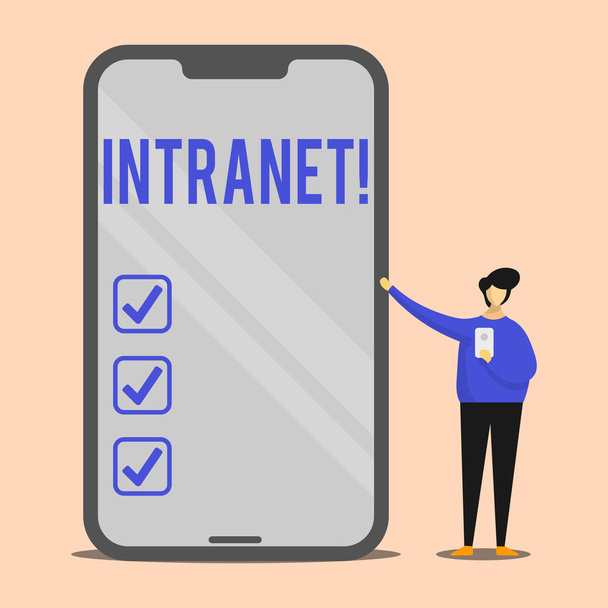 Handwriting text Intranet. Concept meaning Private network of a company Interlinked local area networks Man Presenting Huge Blank Screen Smartphone while Holding Another Mobile. - Photo, Image