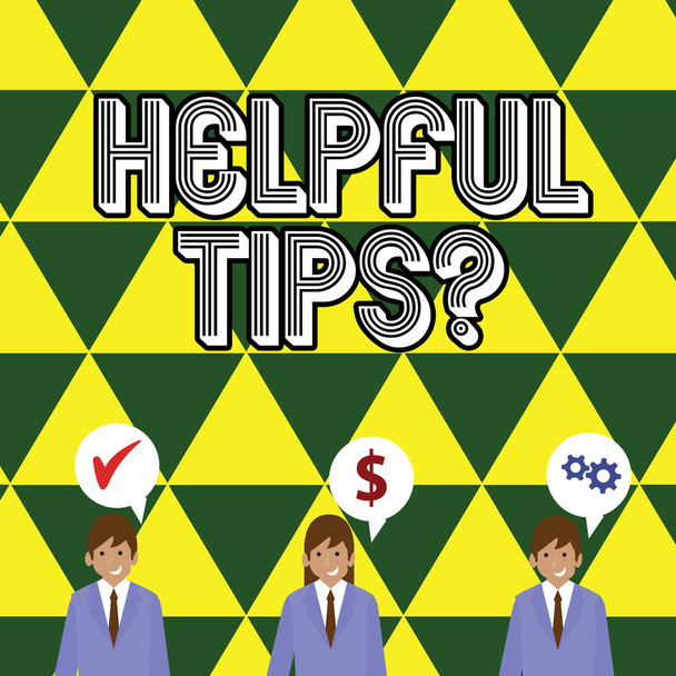 Writing note showing Helpful Tips Question. Business photo showcasing secret information or advice given to be helpful knowledge Businessmen has Speech Bubble with Optimization Cost Icons. - Photo, Image