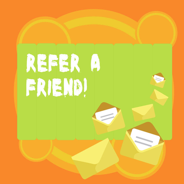 Aplikace Word psaní textu Refer A Friend. Obchodní koncept pro přímé někoho jiného nebo mu něco poslat jako dárek uzavřené a otevřené obálky s dopis zastrčené v horní barvy šablony. - Fotografie, Obrázek