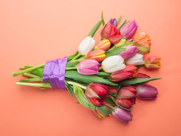 Colorful bouquet of tulips on white background.  - Foto, Imagen