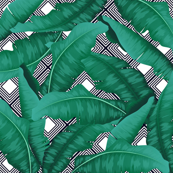 Set of tropical leaves. Banana leaves isolated green on striped background - Vector, Imagen