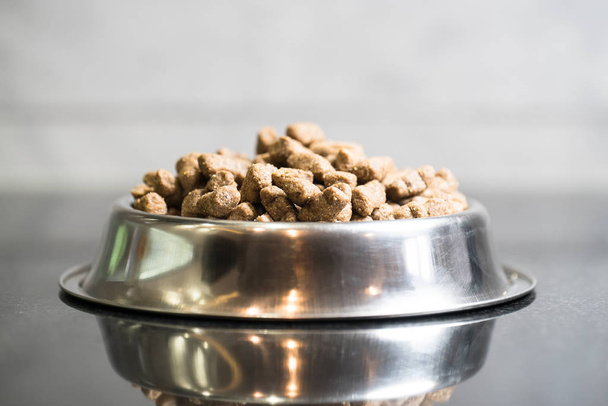 pile of dry dog food in bowl on floor - Foto, afbeelding