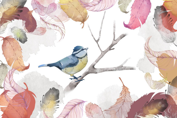  Pták, peří a listí, vodní barevný styl. Realistický fantastický kreslený styl grafika scéna, Tapeta, pozadí článku, návrh vizitky - Fotografie, Obrázek