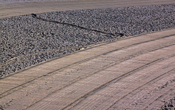 Καθαρίζεται με ένα τρακτέρ και άνθρωποι ποδοπατούνται άμμο σχετικά με τις μεσογειακές - Φωτογραφία, εικόνα