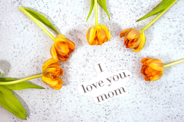 Row of tulips on coloful background with space for message. Mothers Day background. Top view - Фото, изображение