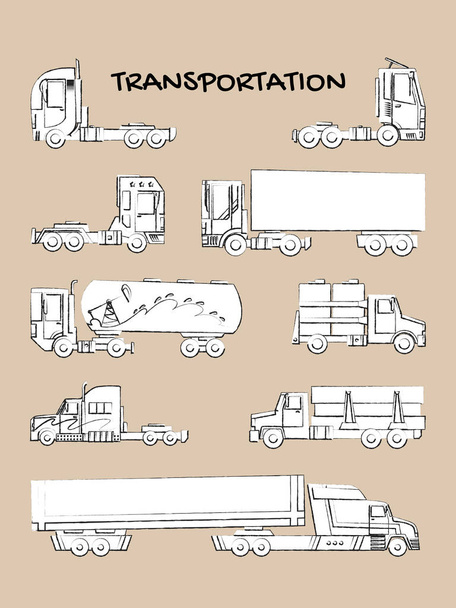 Vektör çizgisi çizimi. Beyaz arka planda kamyonlar ve römorklar - Vektör, Görsel
