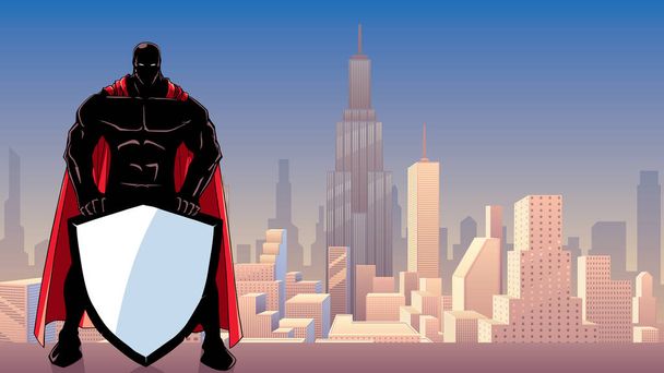 Superheld hält Schild in Stadtsilhouette - Vektor, Bild
