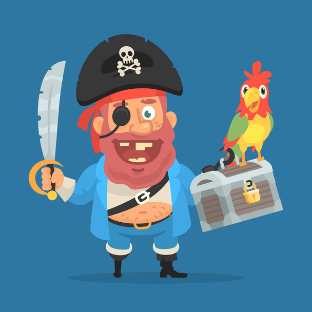 Pirate smiles holding parrot sword and suitcase with treasure. F - Vettoriali, immagini